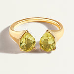 Gold signet open ring with two pear-shaped yellow lemon quartz gemstones