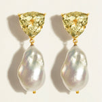 Pair of cocktail earrings with green amethyst gemstones and baroque pearl drops for red carpet.