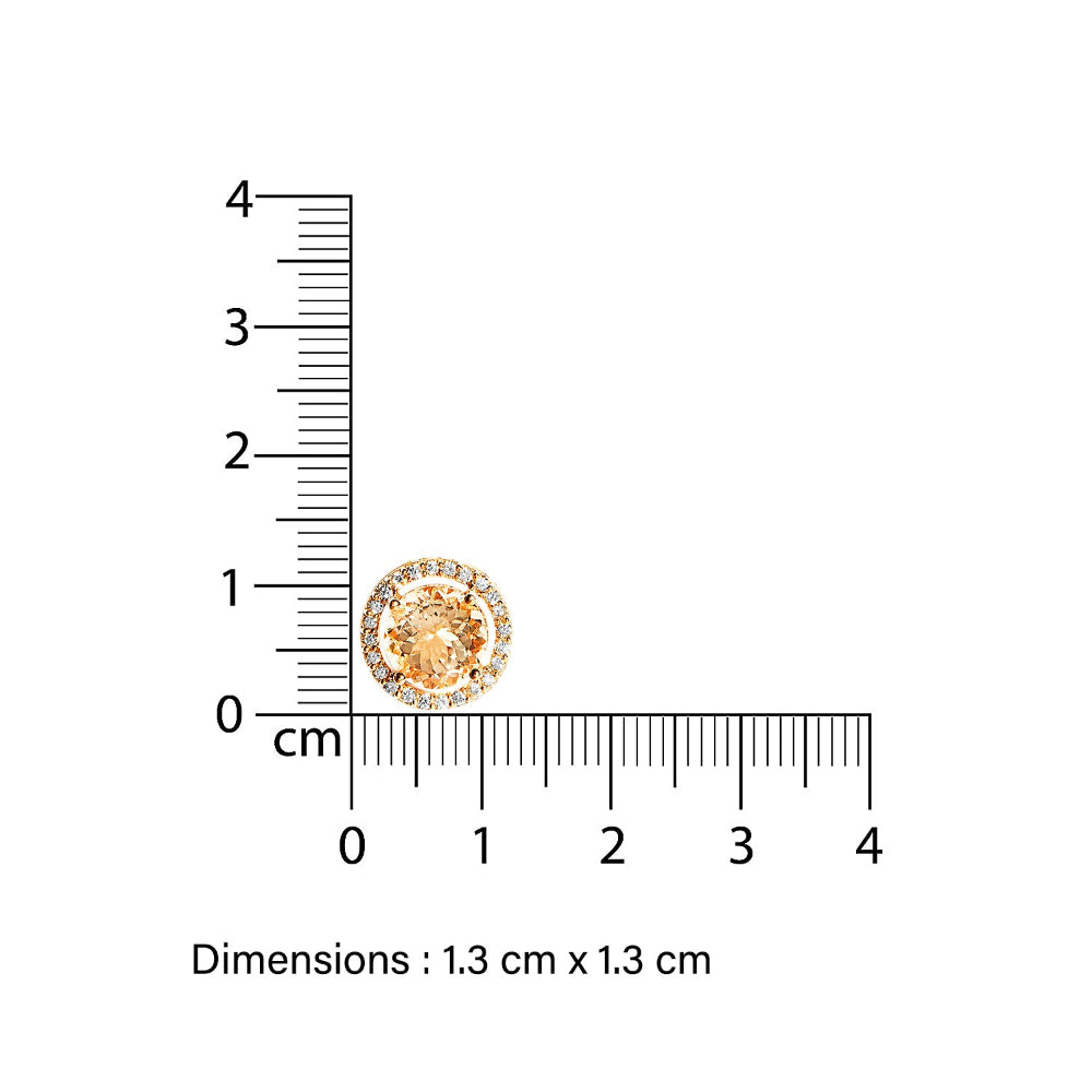 Round morganite gemstone pendant with a ruler showing its dimensions on a white background