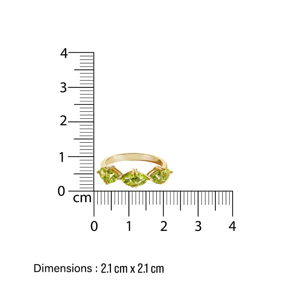 Gold birthstone ring with green peridot gemstones next to a ruler on a white background