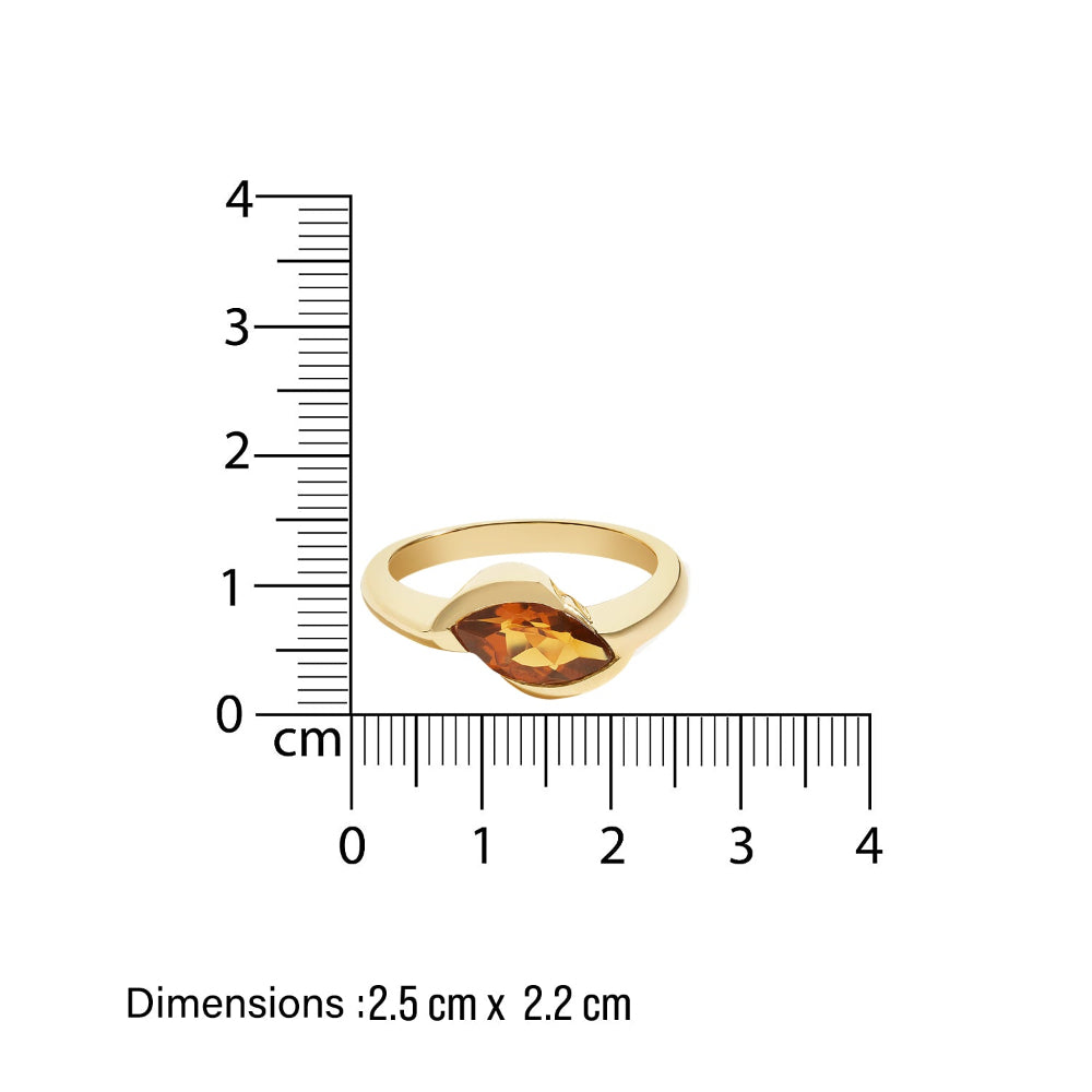 Gold ring with a  brown gemstone size measurement on a white background