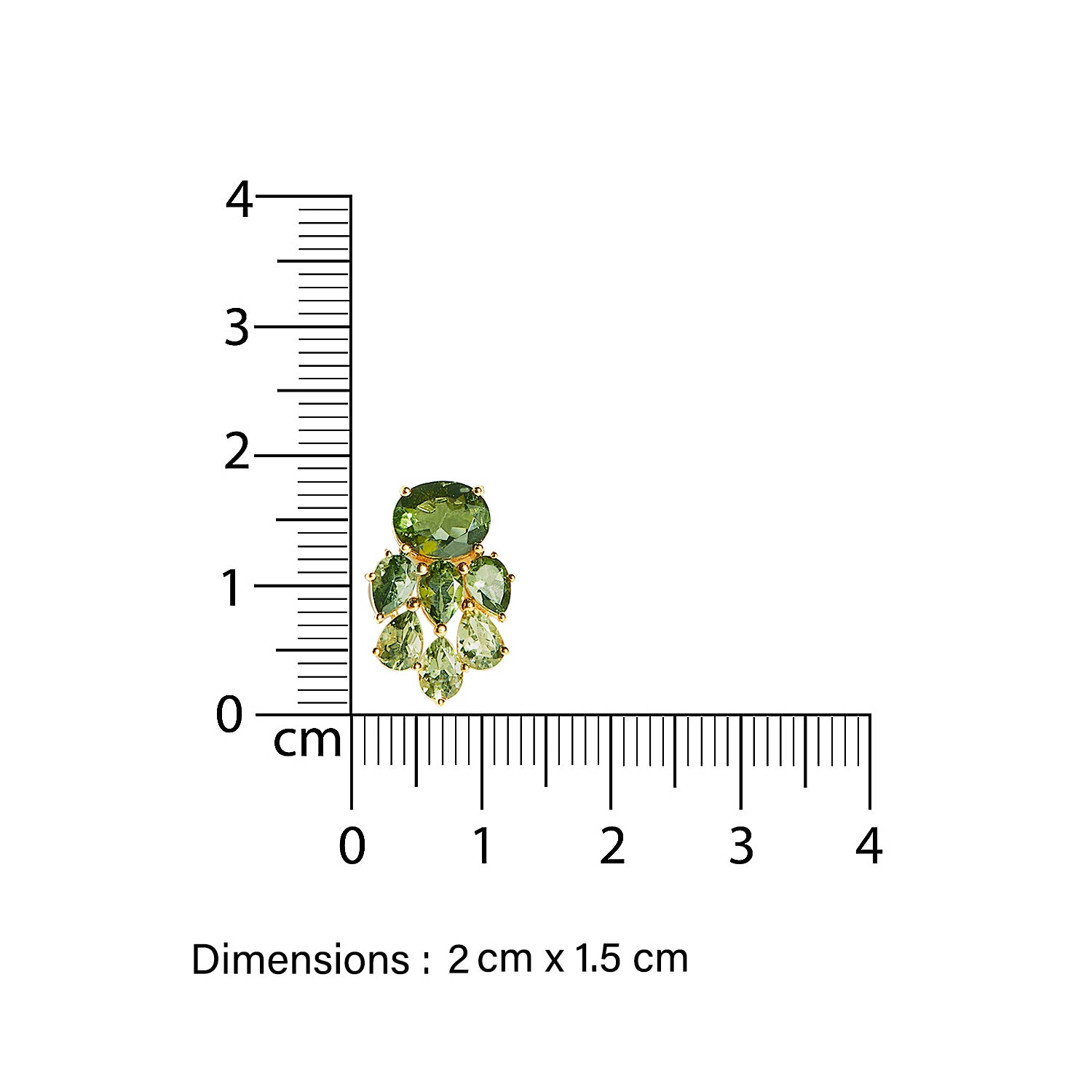 Gold pendant with cluster of green tourmalines gemstones and gold accents next to a ruler showing dimensions.