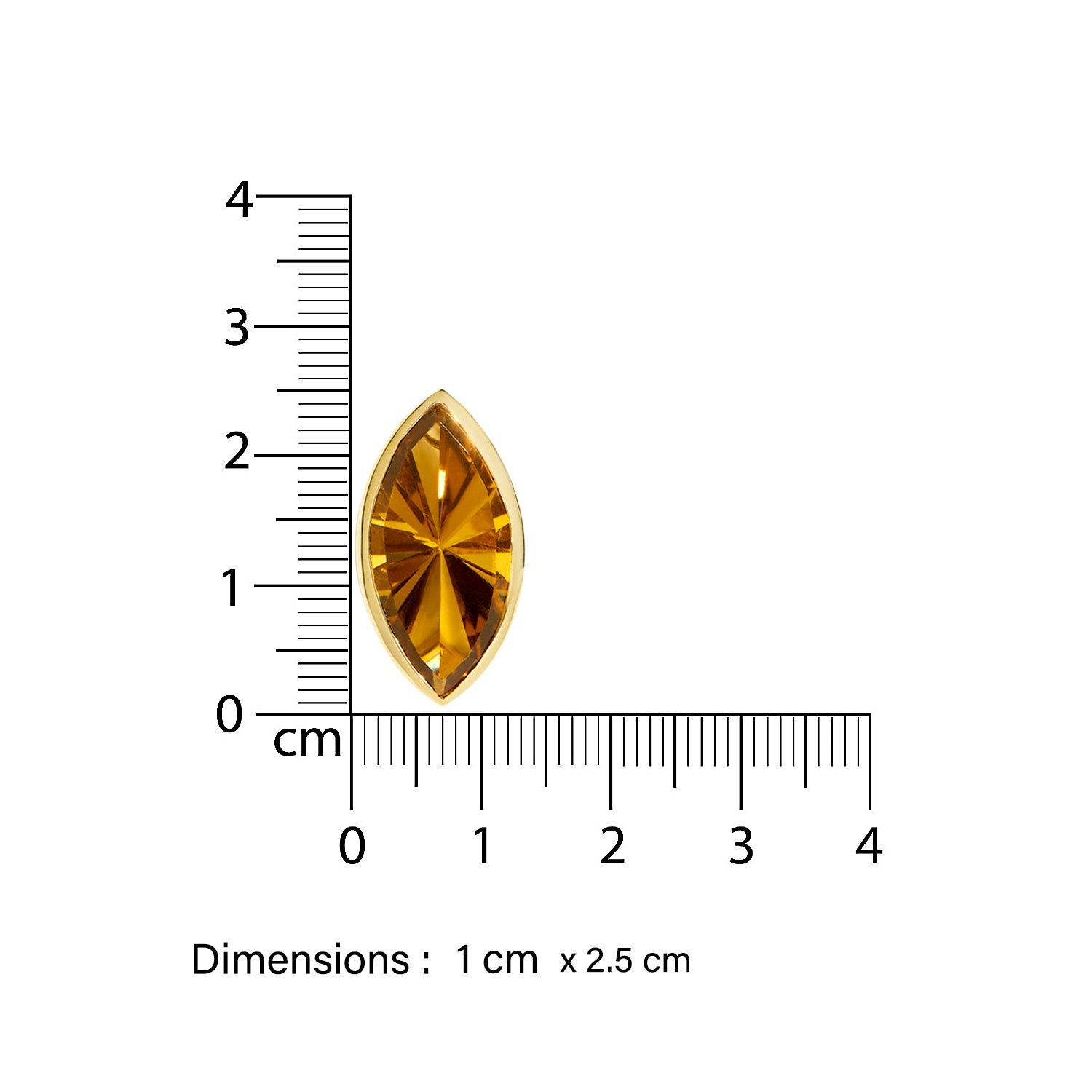 Gold-colored marquise-shaped unique cut brown yellow olive quartz gemstone cocktail pendant with a ruler for scale on a white background