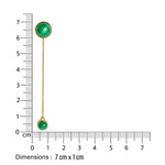 18 k Gold malachite stud earrings with green malachite chain dangler gemstones next to a ruler for size reference on a white background