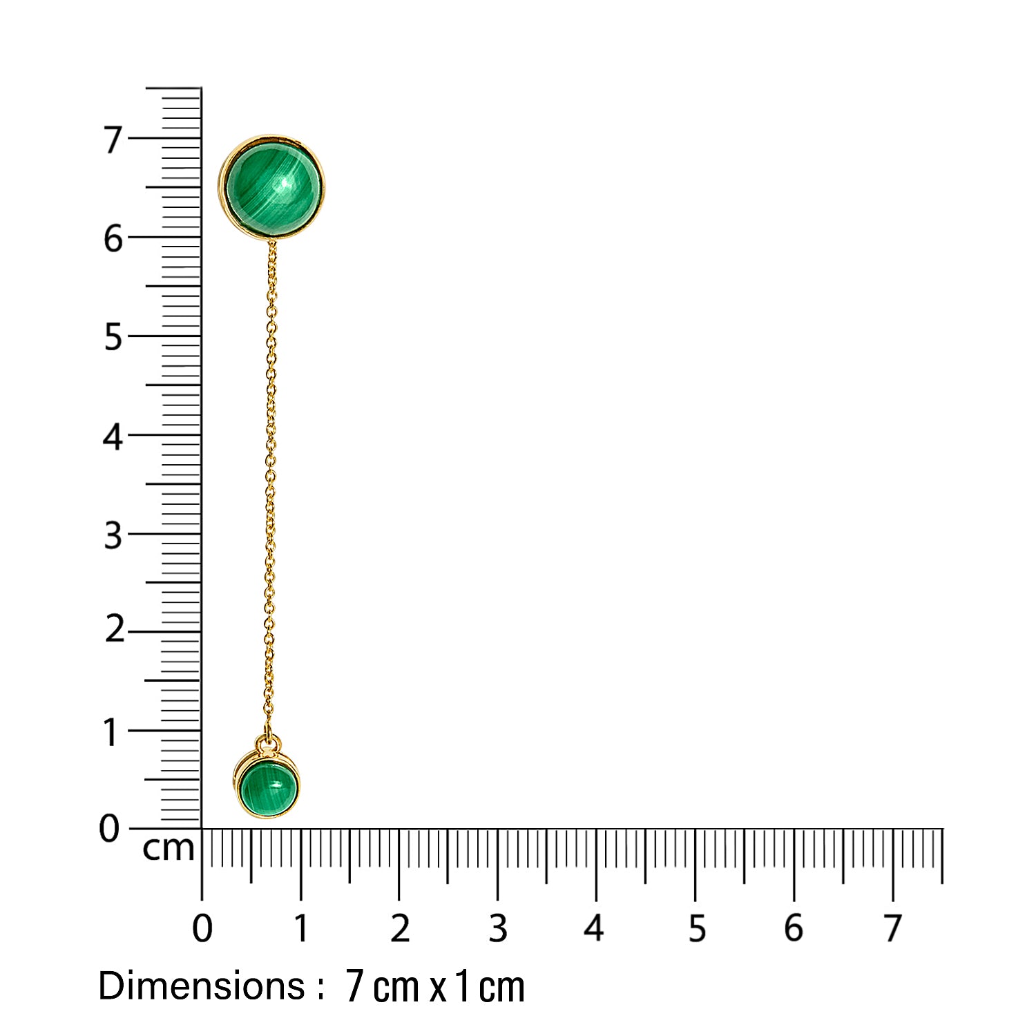 18 k Gold malachite stud earrings with green malachite chain dangler gemstones next to a ruler for size reference on a white background