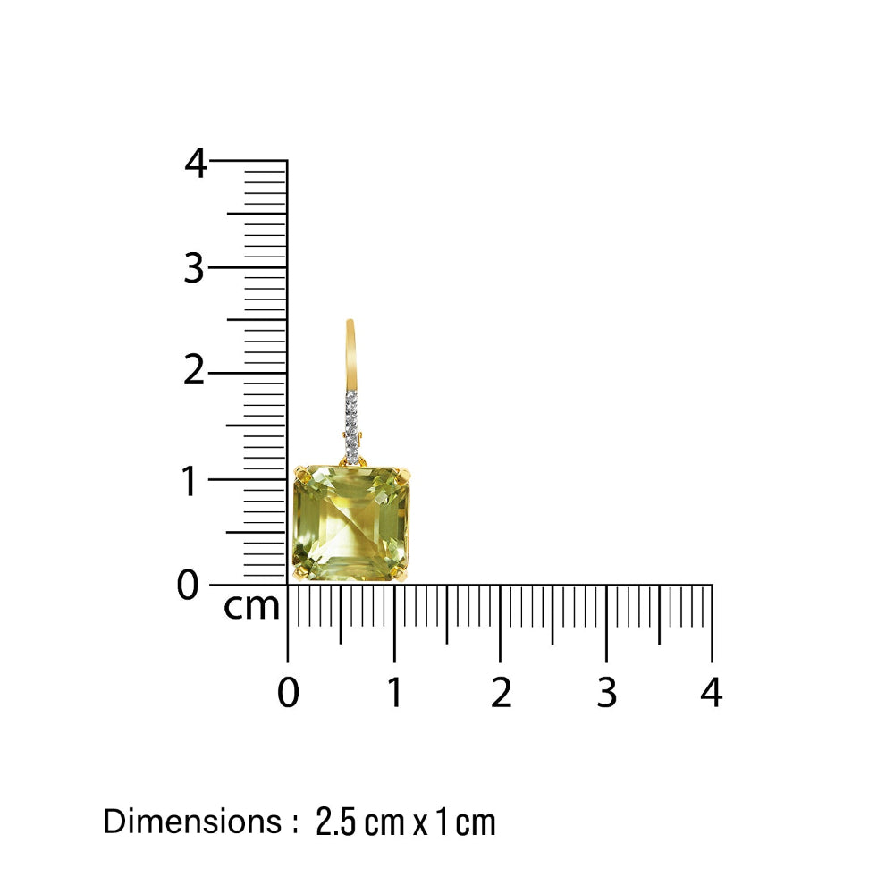 green amethyst gemstone earring with a ruler for scale on a white background