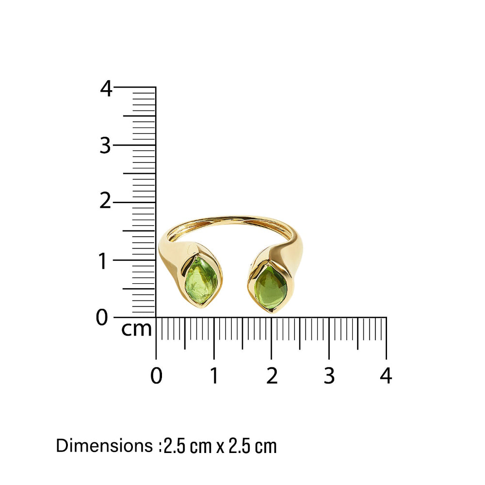 Gold signet open ring with green tourmaline gemstones next to a ruler showing dimensions