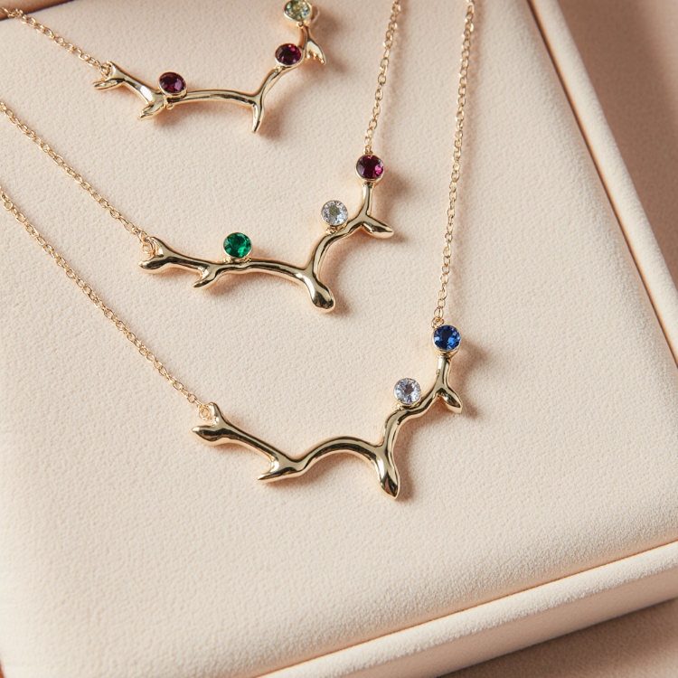 Gold branch-shaped necklaces with gemstones on a beige surface