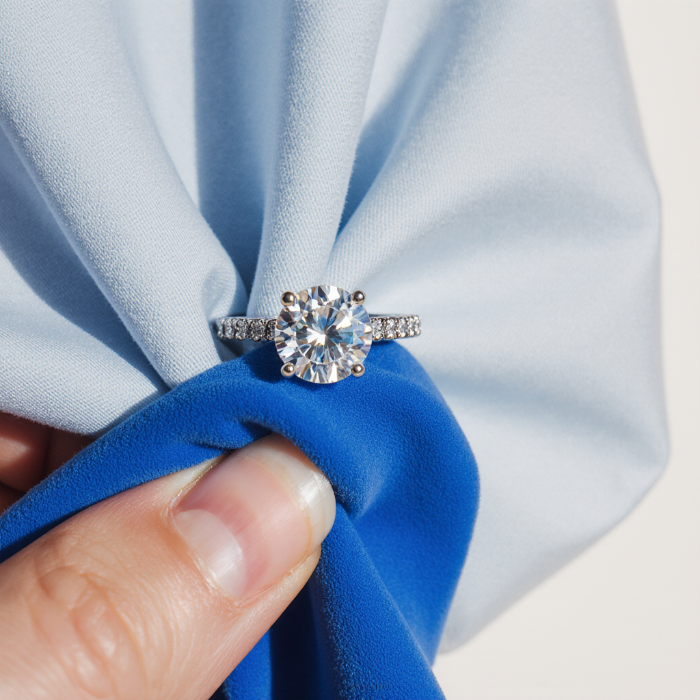Diamond ring held between blue fabric and a light blue background